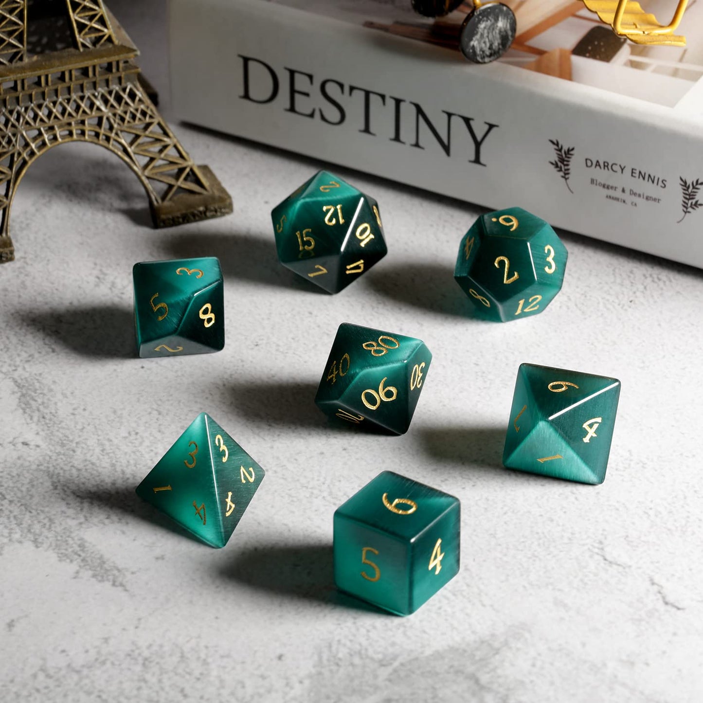 DNDND Cat's Eye Gemstone Dice, 7 PCS Green Stone Dice with Grogeous Gift Case for DND Dungeons and Dragon Tabletop Game (Green C