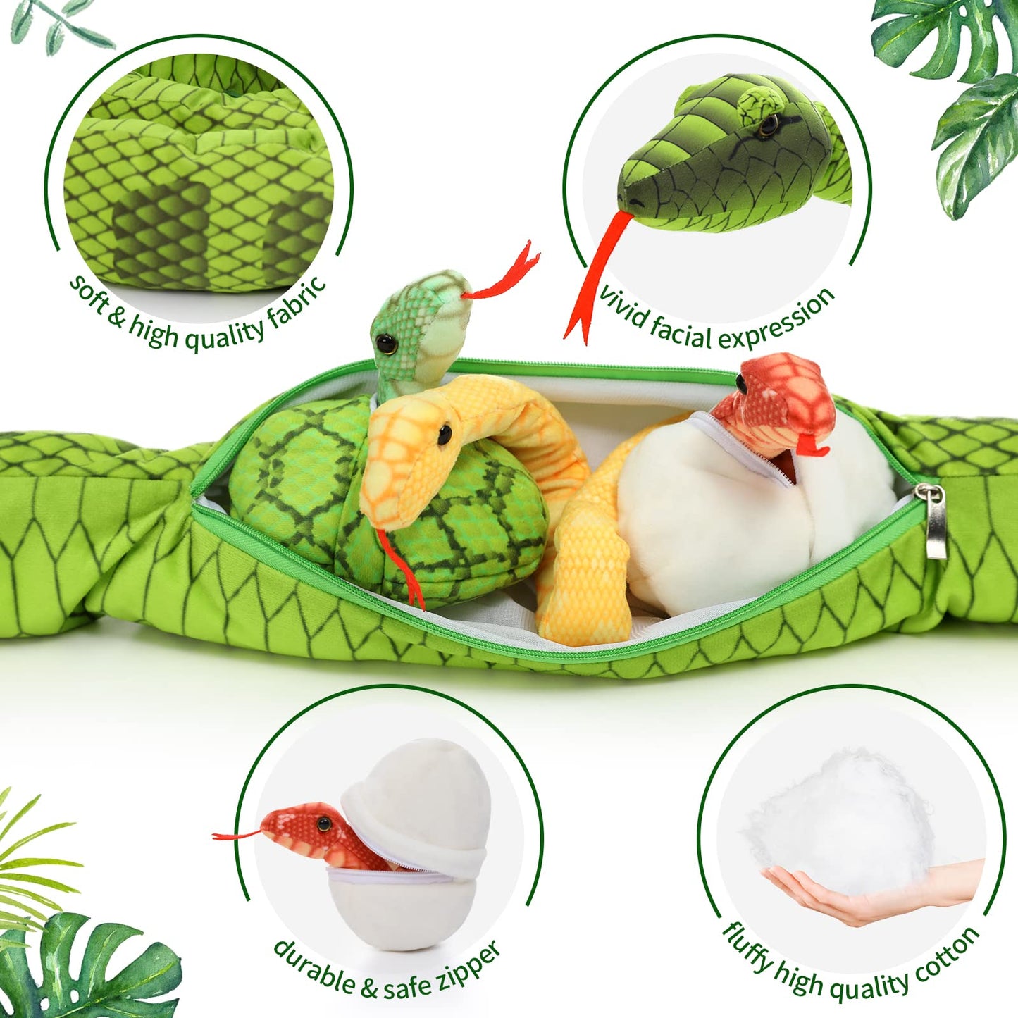 Tezituor Giant Green Boa Constrictor Plush Toy, 80 Realistic Stuffed Animal with 3 Babies & 2 Eggs - Perfect Gift for Boys & Girls