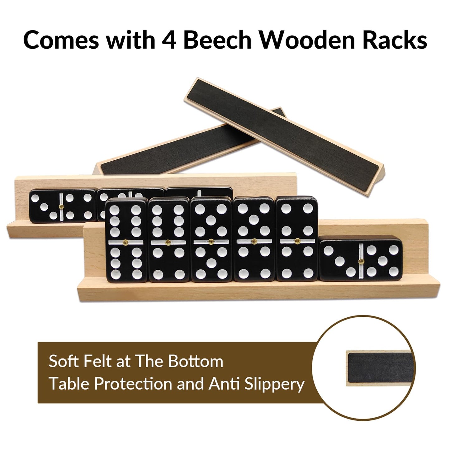 Dominoes Set For Adults With 4 Wooden Racks/Trays, Double Six Dominoes Travel Set With Portable Case Double 6 Dominoes Set With 4 Tiles Holders, 28 Tiles Dominos Set For Family Board Games - Black