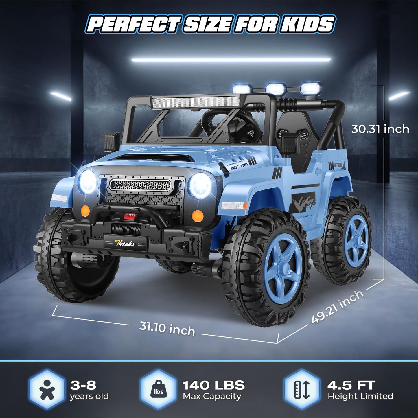Hikole 2 Seater Xl Ride On Cars For Kids - 24V Electric Car With 20 Inch Wide Seat, 4Wd/2Wd Switch, Remote Control, Led Lights, Music Player, Battery Powered Jeeps Car For Kids, Blue-Gray