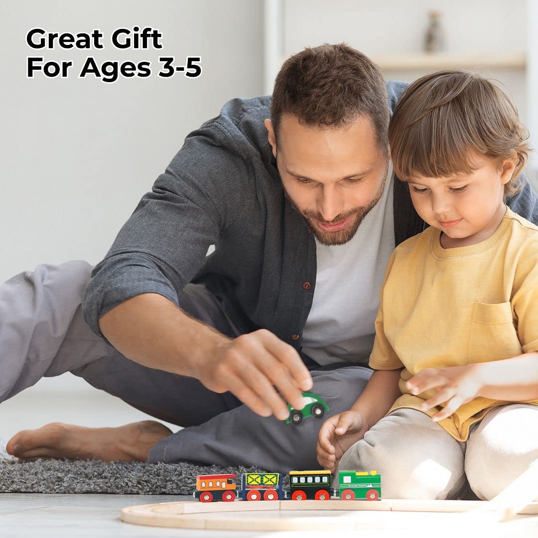 On Track Usa Wooden Train Set 100 Piece All In One Wooden Toy Train Tracks Set With Magnetic Trains And Railway Accessories, Com