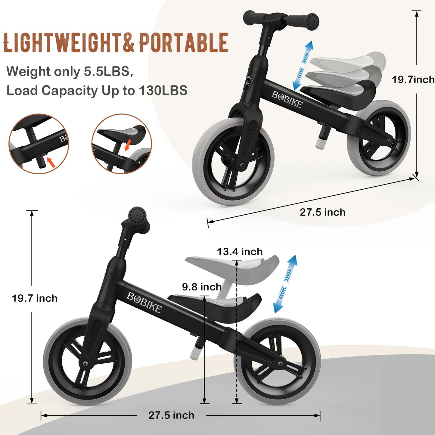 Bobike Toddler Balance Bike Toys For 1 To 6 Year Old Girls Boys Adjustable Seat And Handlebar No-Pedal Training Bike Best Gifts For Kids(Black)