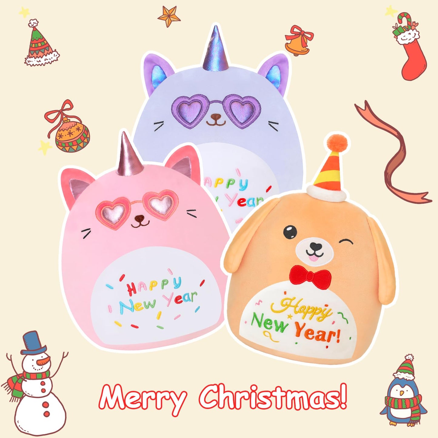 Sqeqe Dog Plush Dog Stuffed Animal Toy Happy New Year Puppy Plushies Kawaii Plushie Doll Gifts For Kids New Year Christmas Party Decoration 10 Inch