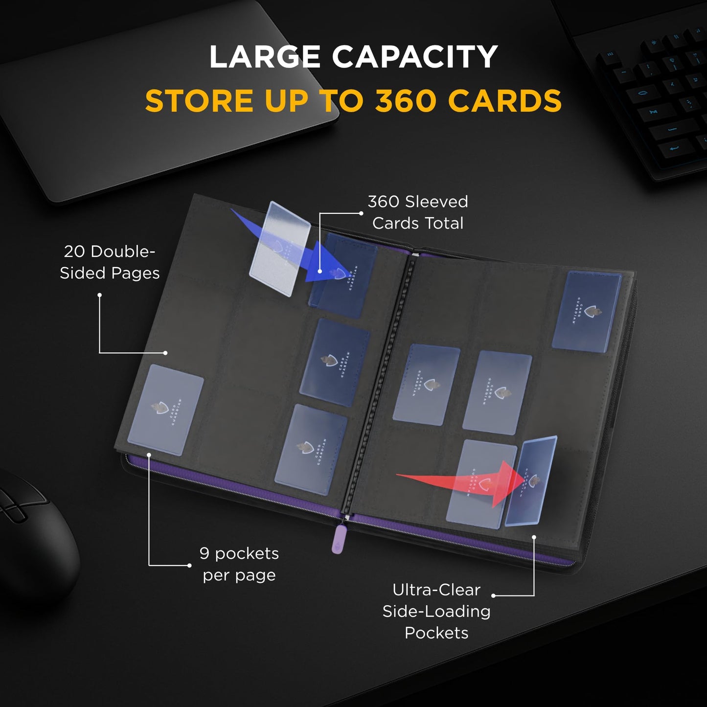 Card Guardian - 9 Pocket Premium Black Binder With Zipper For 360 Cards - Side Loading Pockets For Trading Card Games Tcg (Purpl