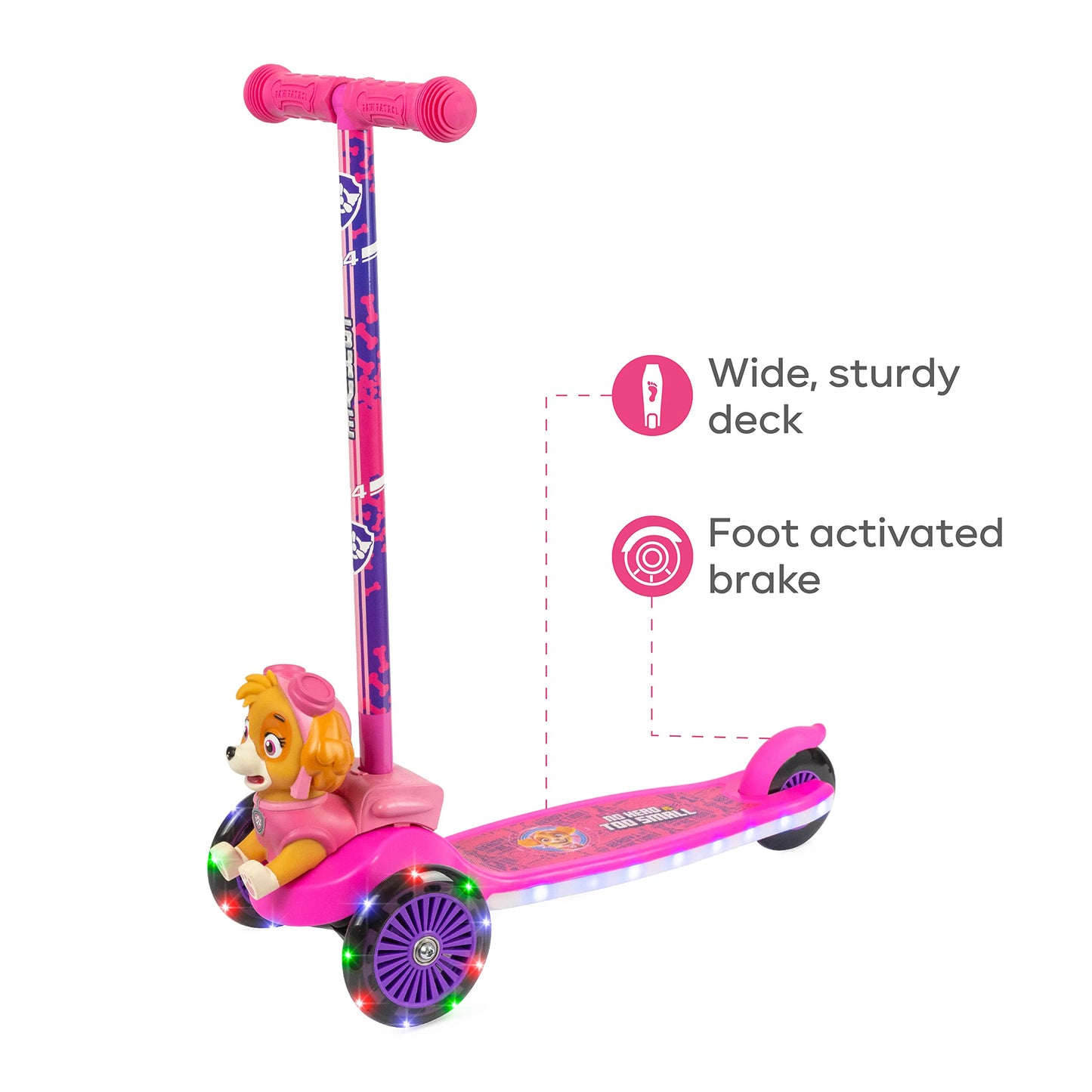 Paw Patrol Skye Kick Scooter For Kids, Self-Balancing 3 Wheeled Light Up Scooter With Extra Wide Anti-Slip Deck, Rear Brake, Lea