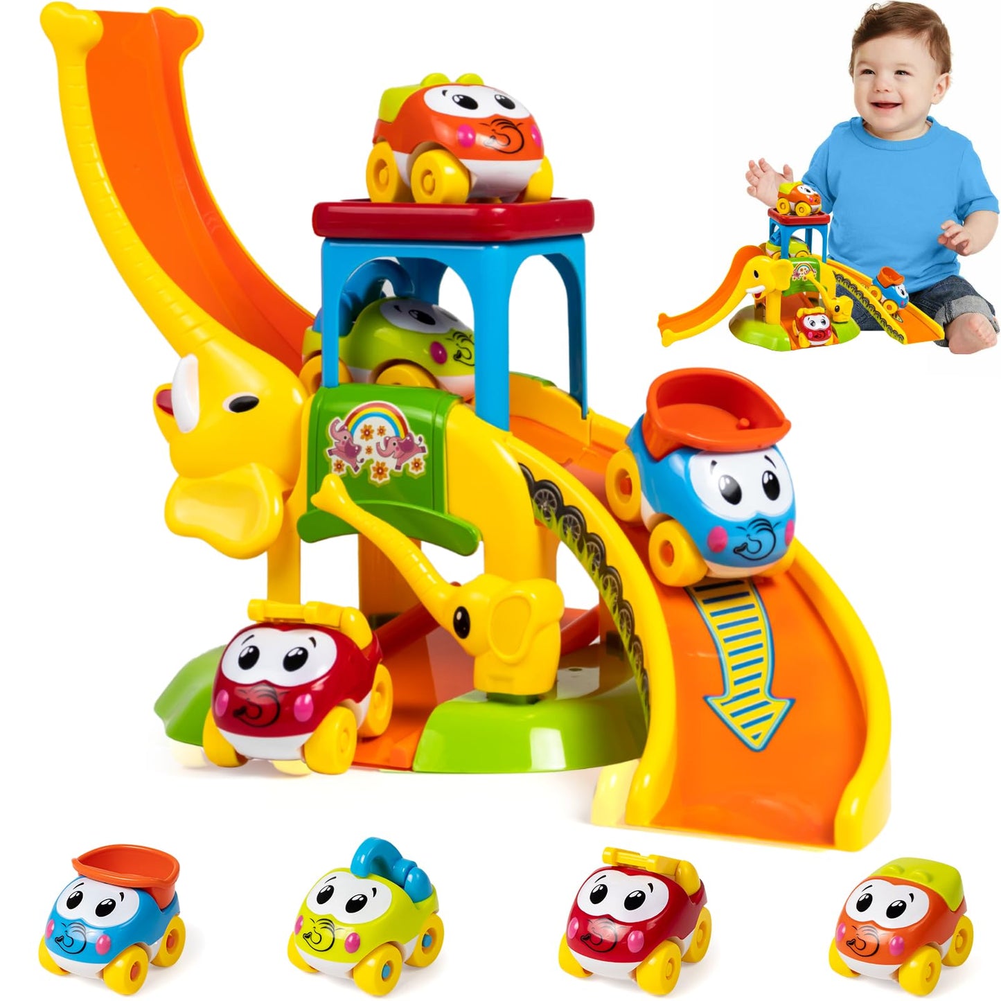 Toddler Toys For 1 2 3 Year Old Boys And Girls Birthday Gifts, Elephant Slide With 4 Animal Cars Learning Baby Toys 12-18 Months