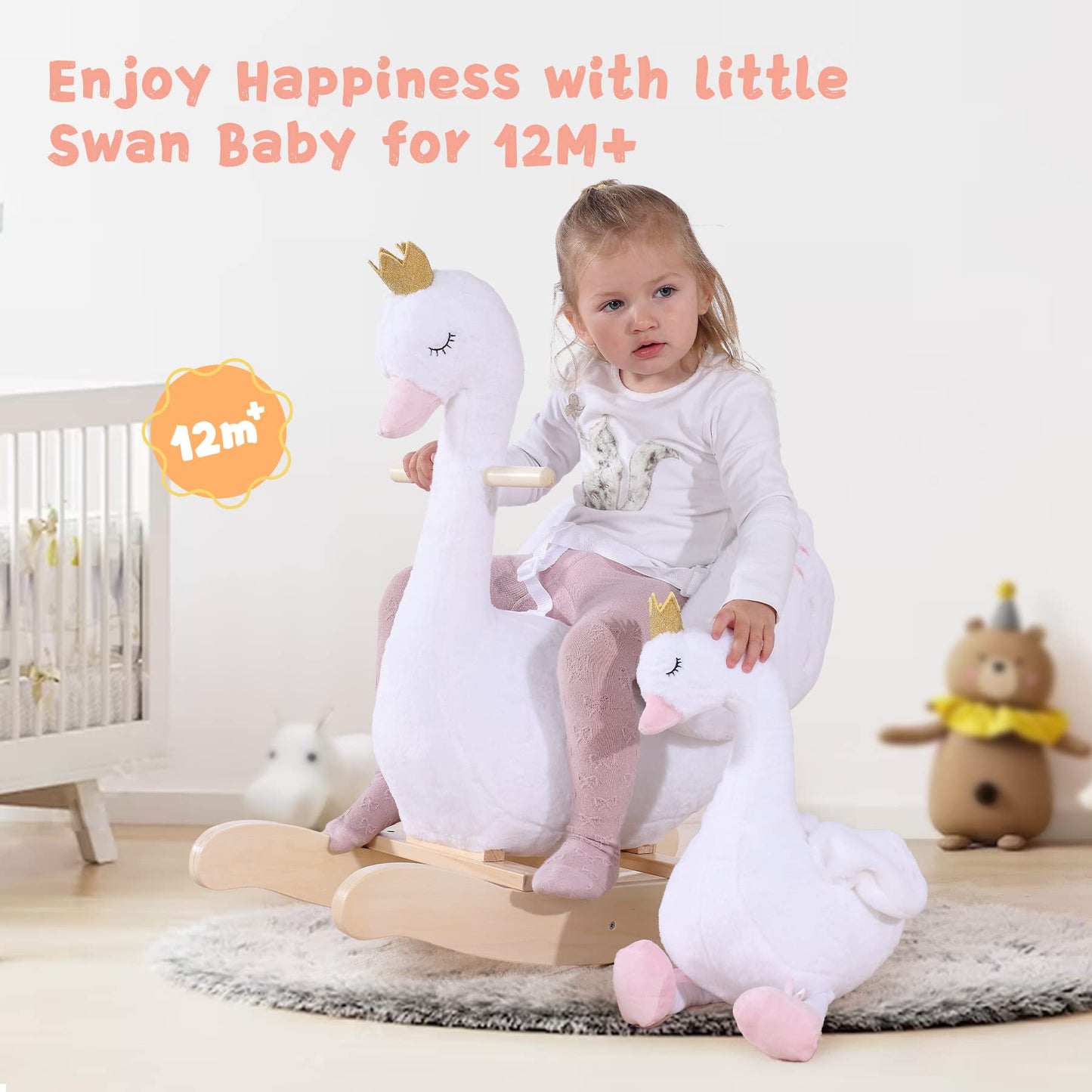 labebe Kids Rocking Horse, Wooden Plush Doll Rocker, Medium Size, White Swan Color, Perfect Gift for Boys and Girls 6 Months+