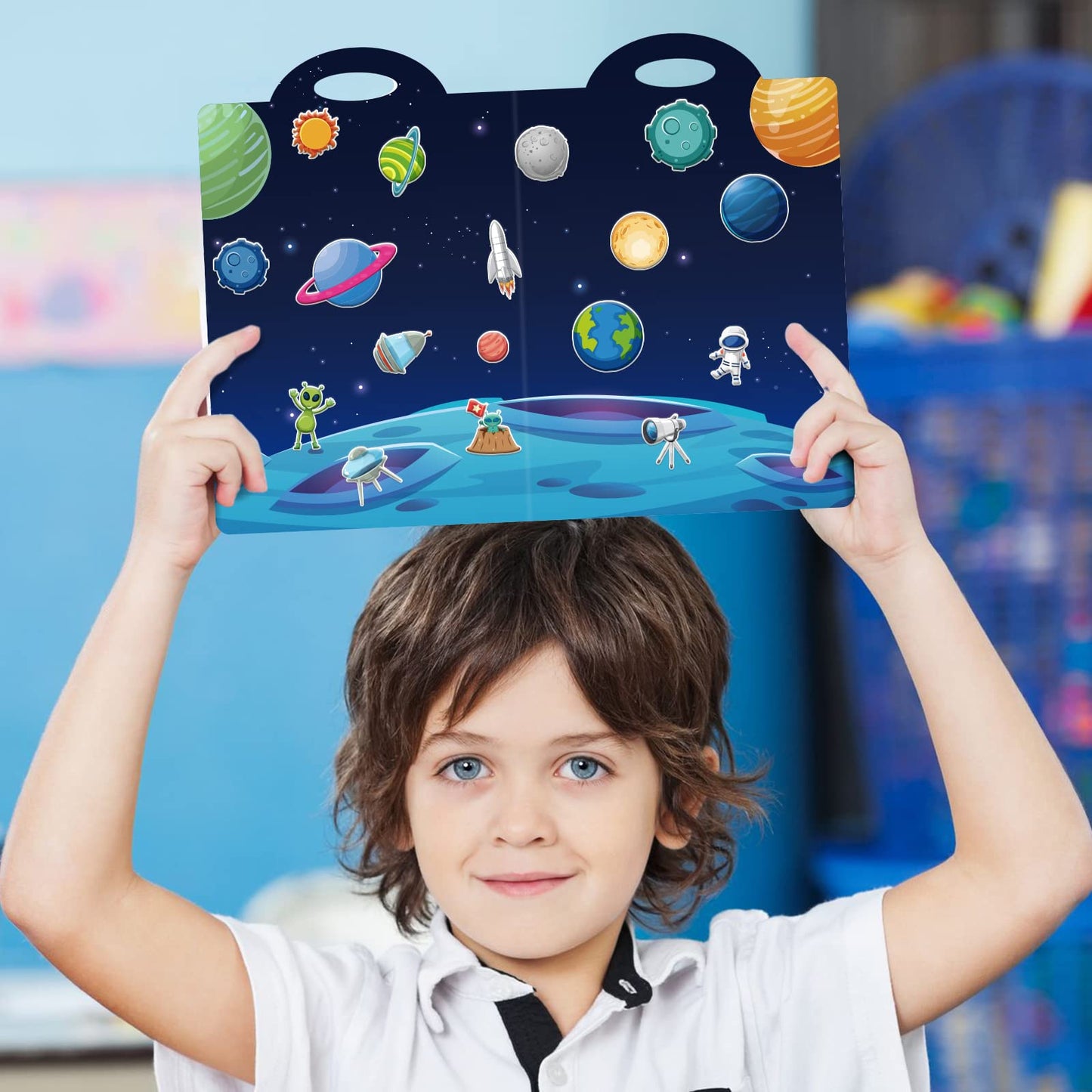 3D Outer Space Puffy Sticker Play Set Kids 2-4 Toys Gifts Sticker Book Galaxy Window Clings Decals For Toddlers Home Airplane Solar Systerm Party Supplies Decorations 100 Reusable Puffy Stickers