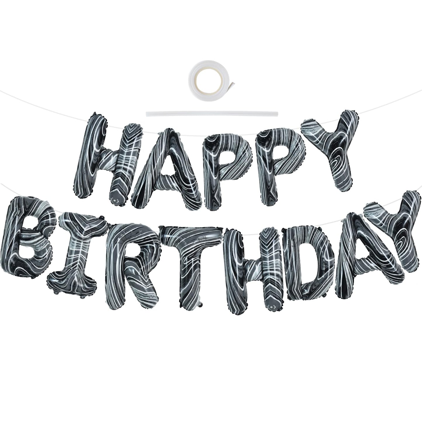 Toniful Black Marble Happy Birthday Balloons Banner,16 Inch Mylar Foil Letters Birthday Sign Bunting For Girls Boys Kids & Adult