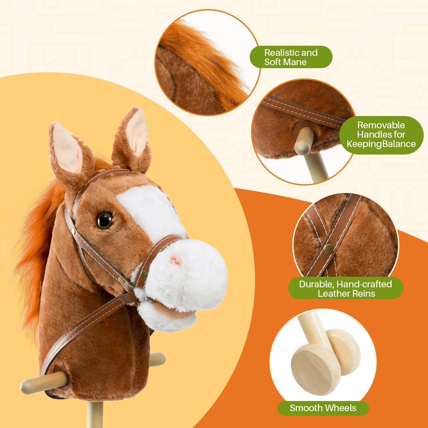 Hollyhome Stick Horse Plush Handcrafted Hobby Horse On A Stick With Wood Wheels Real Pony Neighing And Galloping Sounds For Kids Toddlers Dark Brown 36 Inches(Aa Batteries Required)