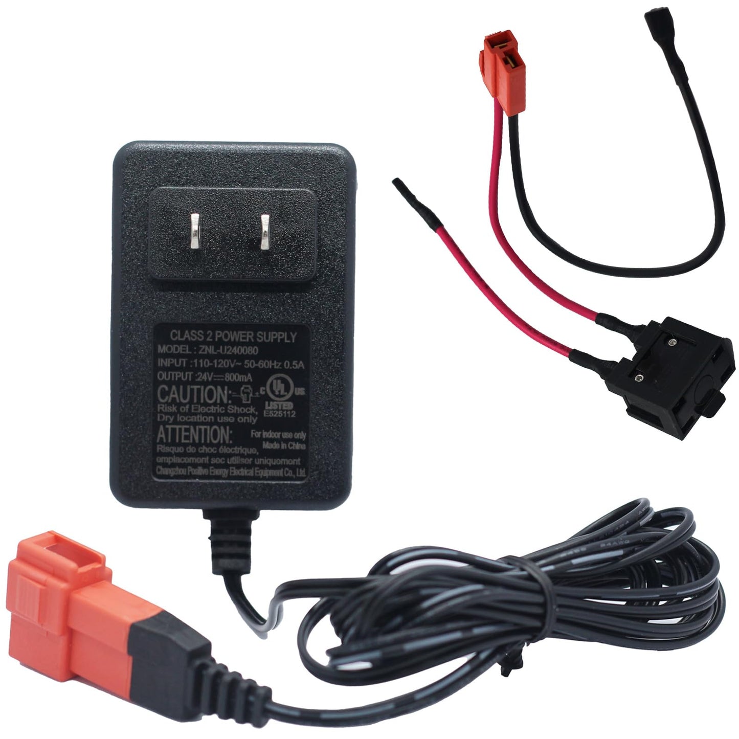 ToiCottage 24V Battery Charger & Wire Harness for Ride-On Toys, Red Square Two-Pin Jack, Replacement Parts for Kids' Cars
