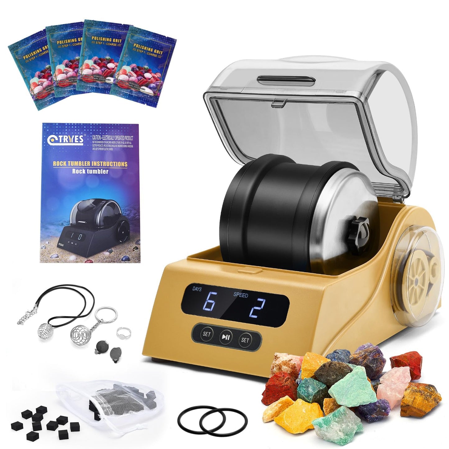 Tryes Rock Tumbler Kit Adults - Rock Polisher Tumbler With Noise Reduction Cover, Speed&Timer Control, Includes 4 Polishing Grits, Rough Gemstones, Learning Guide Etc. (Yellow)