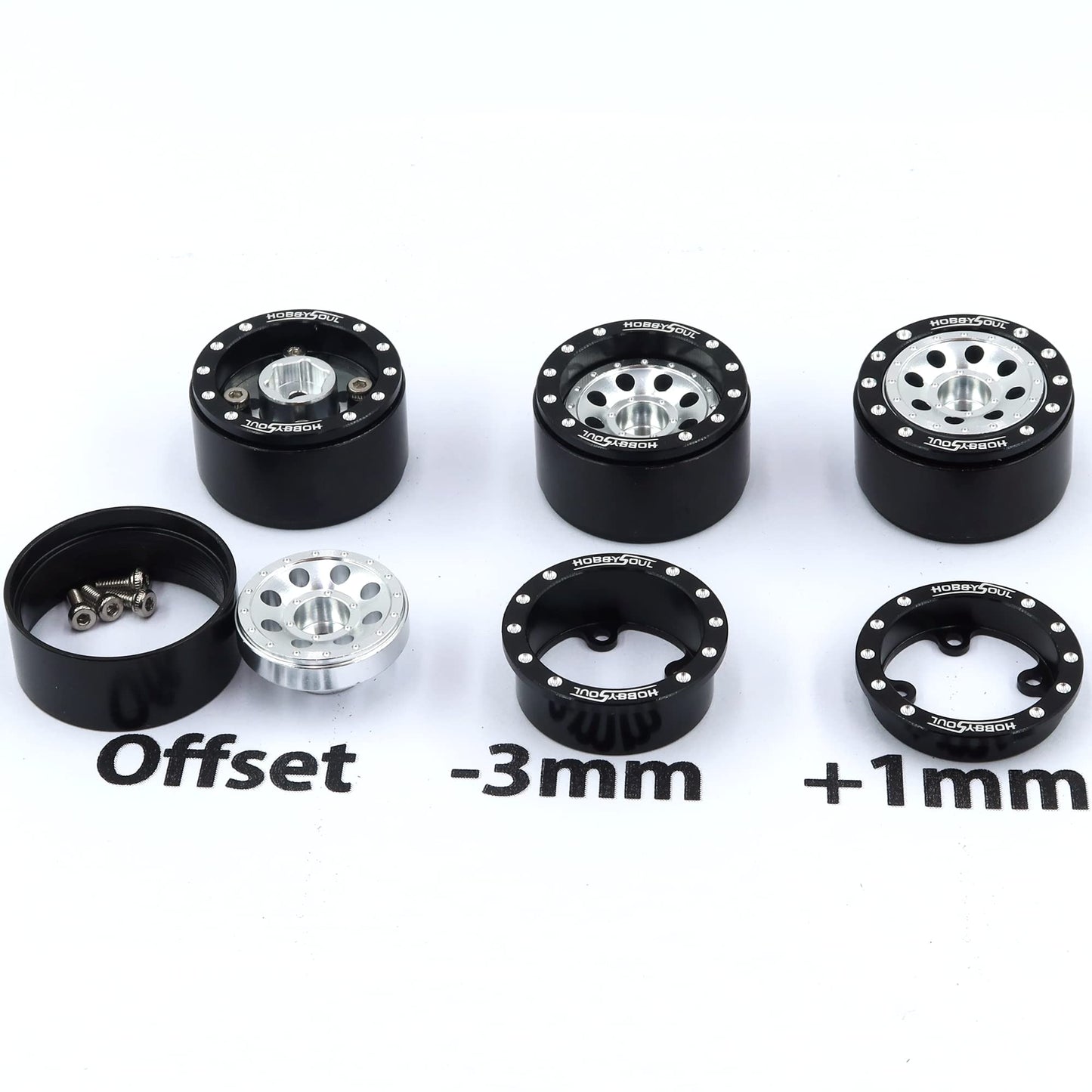 Hobbysoul Adjustable Offset 1.0 Beadlock Wheels Black Silver, Heavy 1.0 Offset Rc Rims Wheels 21G/Rim For 1/18 Traxxas Trx4M Axi