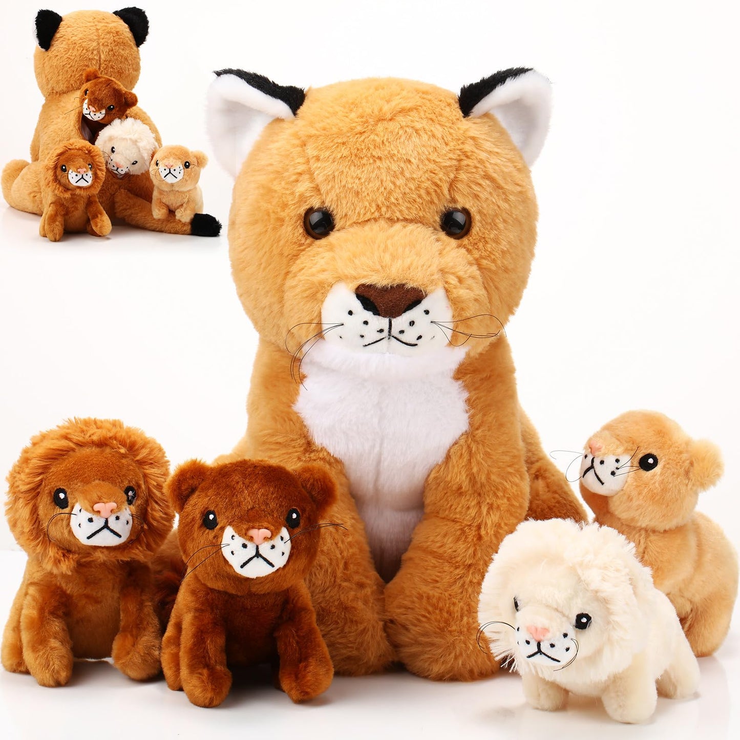 Honoson 5 Pcs Lion Plush Set Large Lion Stuffed Animal With 4 Cute Baby Lions In Zippered Back Soft Cuddly Plushie Boys Girls Bi