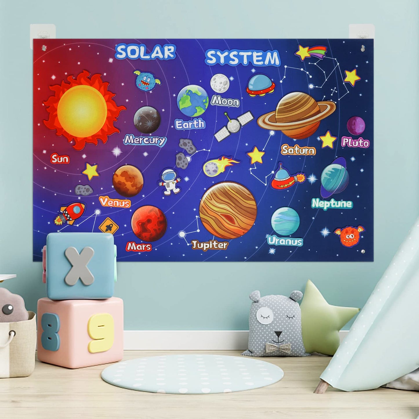 OKOOKO 41PCS Outer Space Felt Board Story Set 43x29inch Solar System Universe Storytelling with Hooks Astronaut Planets Galaxy P