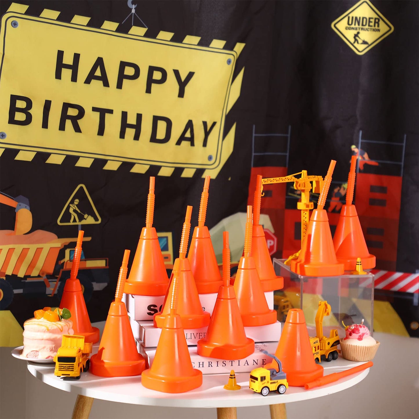 Gerrii Plastic Race Car Party Cups With Straws Set, Construction Cone Shaped Cups Reusable For Traffic Race Car Birthday Party Supplies, 10 Oz(Orange,12 Pieces)