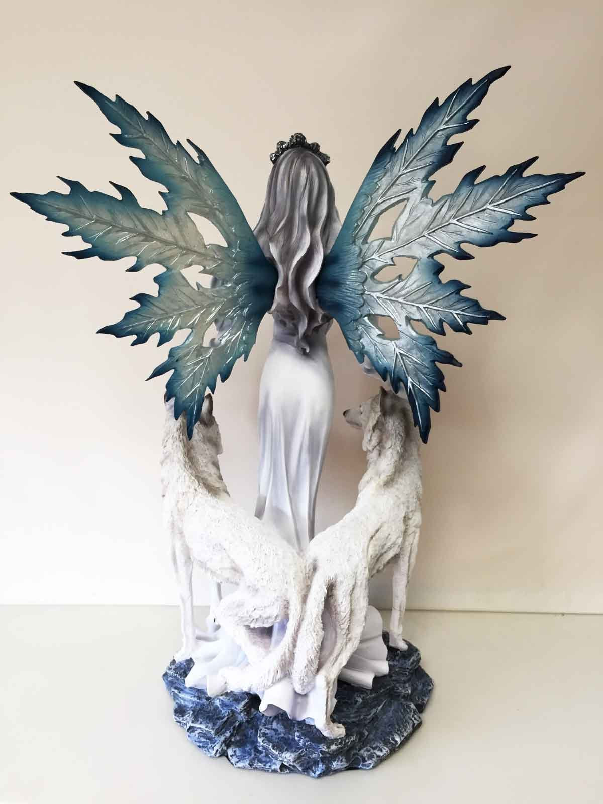 Large 23' Tall Blizzard Frost Flake Fairy With Two Snow Pet Wolves Statue Figurine
