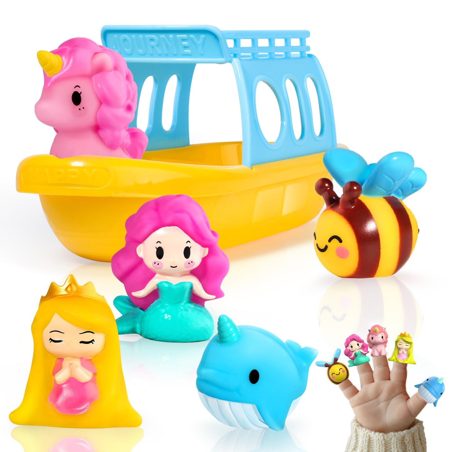 Oriate 6Pcs Fairy Princess Bath Toys For Girls, Silicone Finger Puppet And Boat, Mermaid, Princess, Bee, Whale, Unicorn For Toddlers Kids 1-3