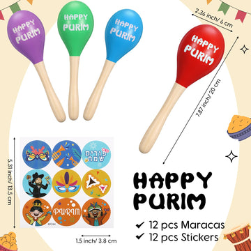 Lenwen 12 Pcs Happy Purim Wood Gragger Maracas Shakers with Stickers Colorful Noisemakers for Fun Jewish Holiday Party Favors Go