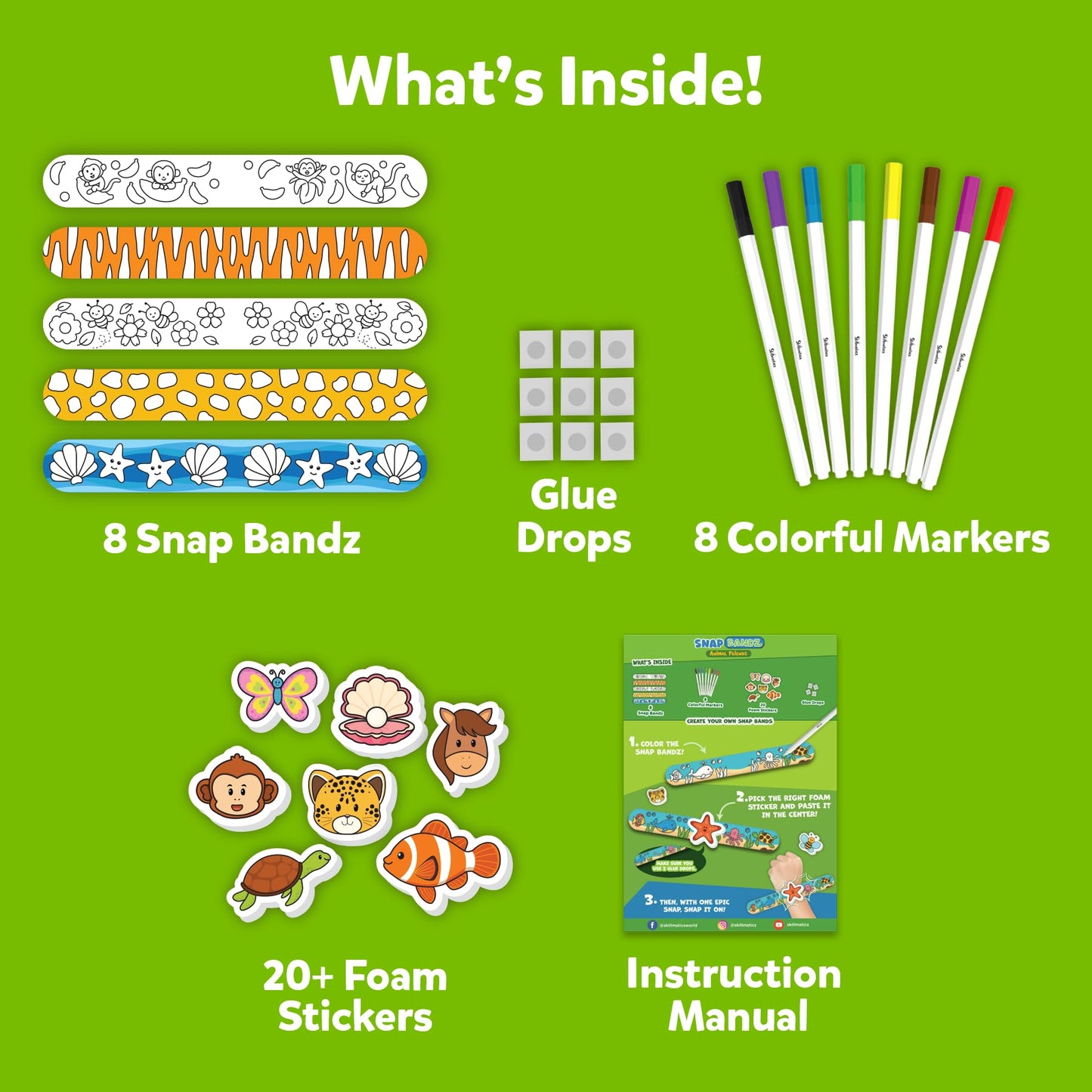 Skillmatics Craft Activity - Snap Bandz, Animals, DIY Jewelry Art & Craft Activity, Mess-Free, Creative Kit, 8 Bands (8.6), Gift