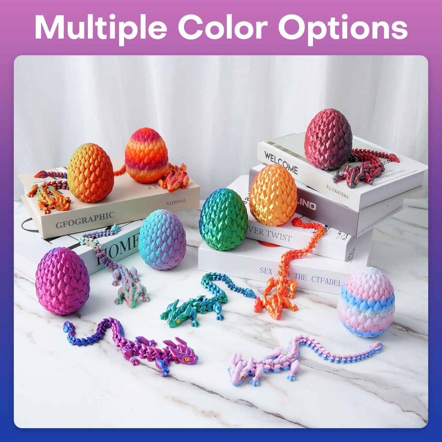 FYEFKJSA 3D Printed Dragon Eggs with Dragon Inside - 12Inch Articulated Fidget 3D Printed Animals Interesting Decorative Gift Easter Basket Essentials Stuffers (Laser Purple)