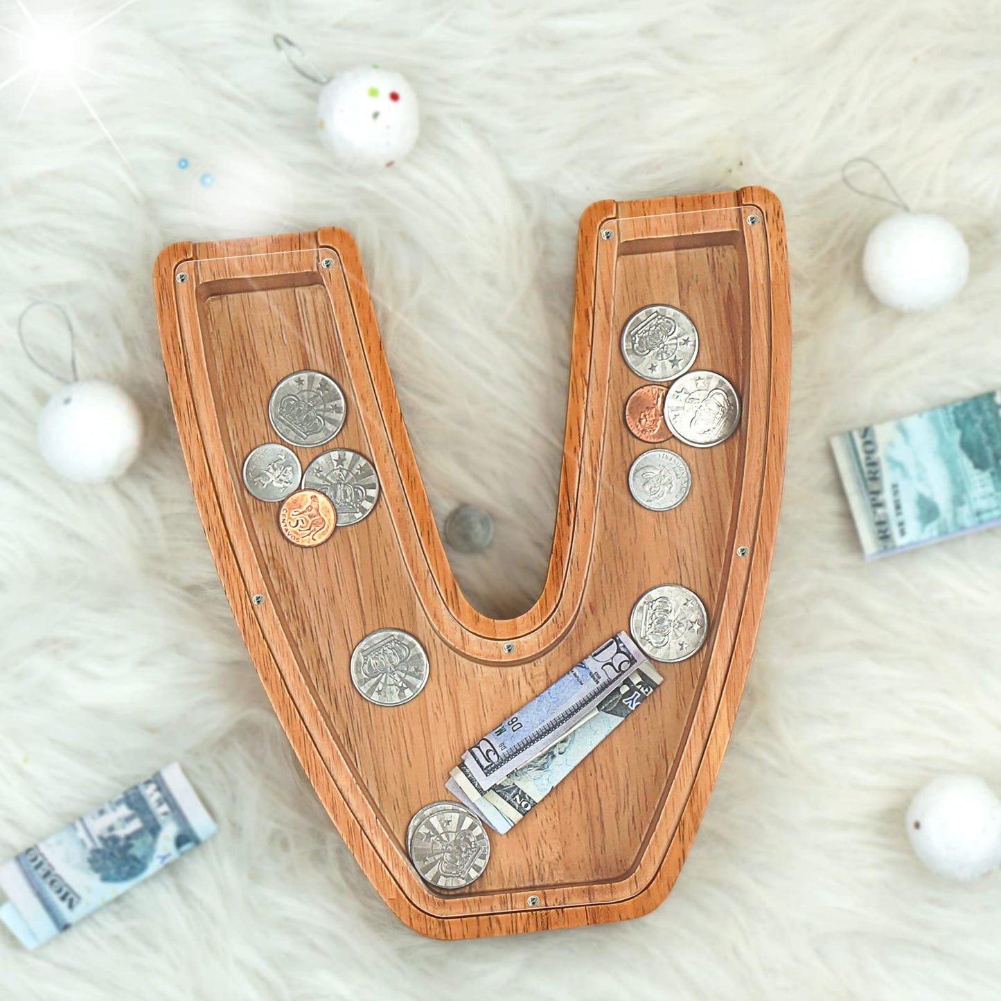 Piggy Bank For Kids Boys Girls, Large Personalized Wooden Letter Piggy Bank With Cut-Out Design, Alphabet Letter Coin Banks, Money Savings Box, Wooden Bank For Kids Creative Gift For Real-Money(V)