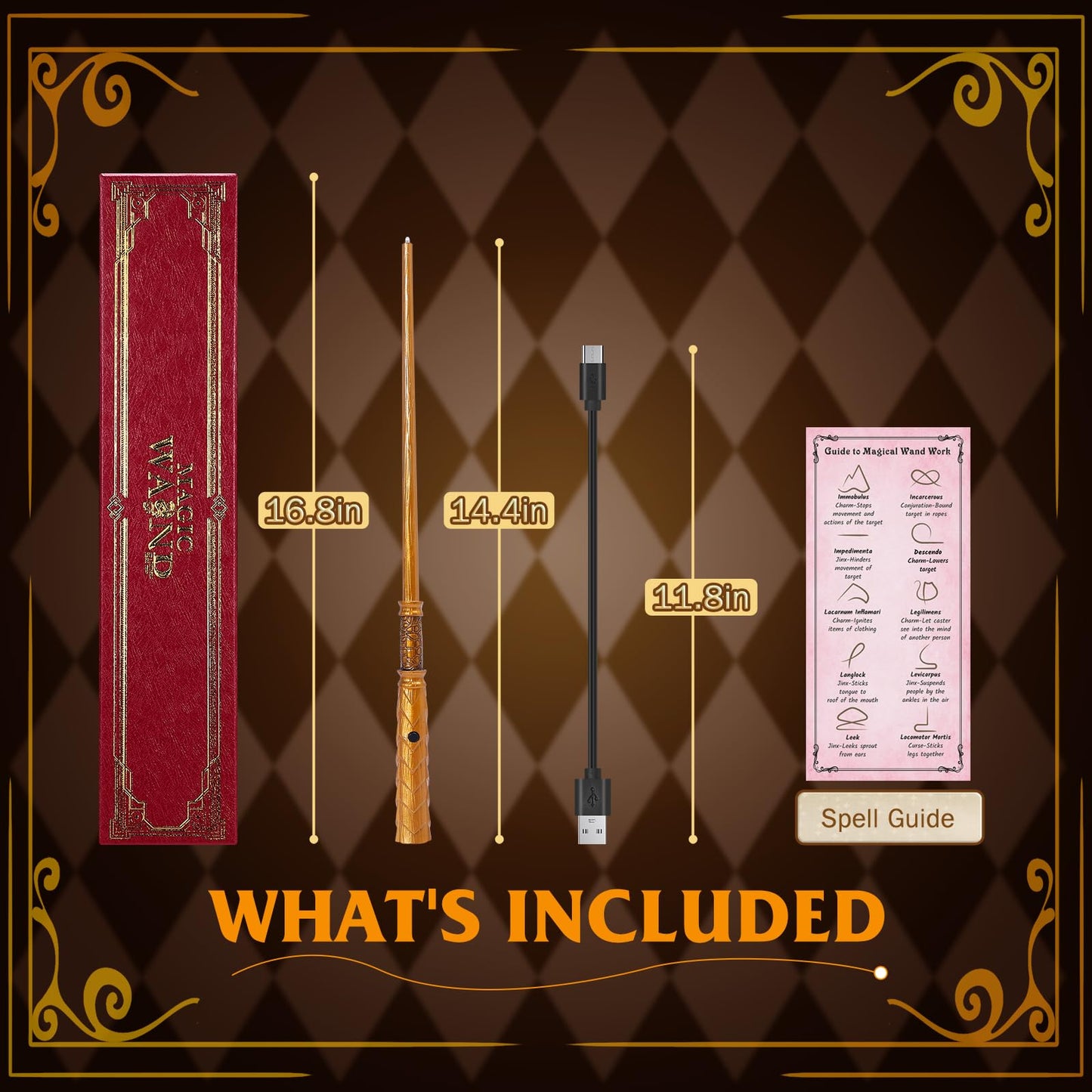 Light Up Magic Wizard Wand Rechargeable Illuminating Golden Wands For Witches Kids Boys Girls Party Gift, Ear