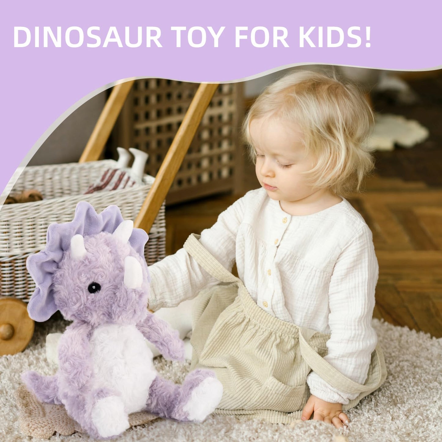 VANLINNY NEW Purple Dinosaur Plush Toy - Cuddly Cotton Stuffed Animal for Baby, Nursery & Gifts, Model SAV006