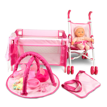 Anivia 5Pcs Baby Doll Stroller Set - Baby Doll Accessories Set Includes Doll Stroller/Doll Crib/Play Mat/Feeding Toy/Diaper Bag, Nursery Role Play Set (11' Doll Included)