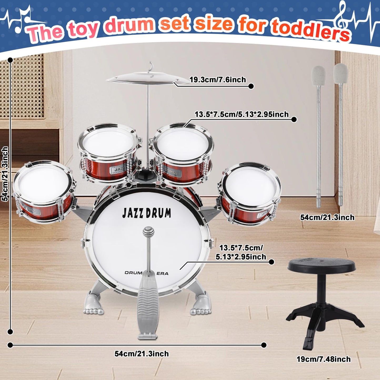 Kid Drum Set For Toddlers 1-3, Jazz Drum Set For Kids Age 3-5 With 5 Drums & Stool Musical Instruments Toy, Christmas / Birthday Gift For 1-3 4 5 Year Old Boys Girls