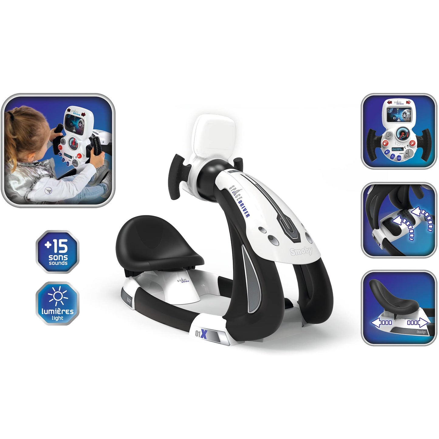 Space Drive - Black, Children'S Space Ship Simulator, Smoby, Ages 3+, 3 Driving Positions, Electronic Steering Wheel W/Animated Circuit Backlit Screen