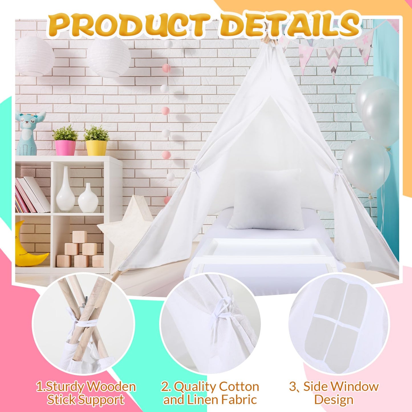 Wesnoy Kids Teepee Tent with Inflatable Airbed, Bed Tray Table, Fitted Sheet and Pillow Insert Toddler Play Tent for Boy Girl In