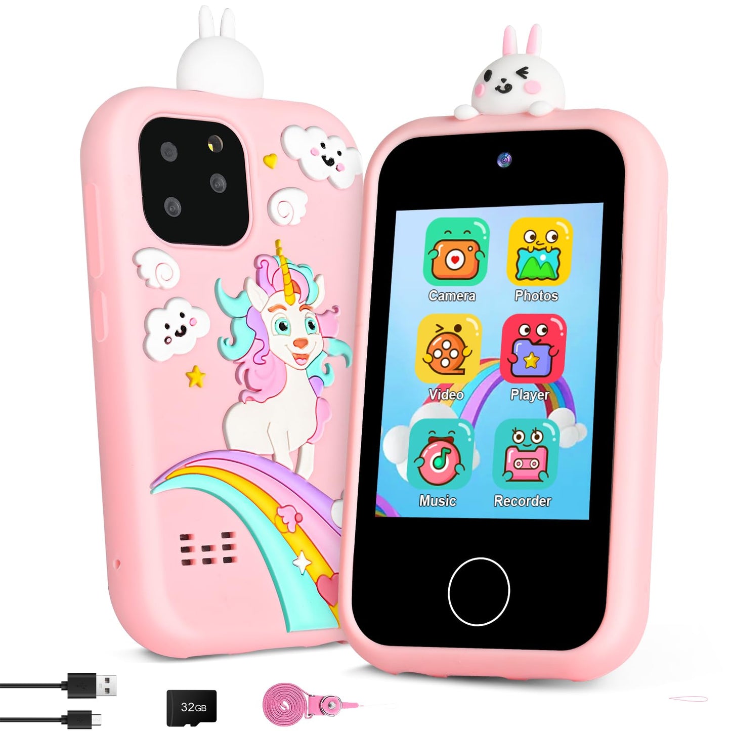 Bunyta Unicorn Kids Smart Phone - 2.8 Inch Touchscreen, Dual Camera, Music Player, Puzzle Games, Learning Toys, Birthday for Gir