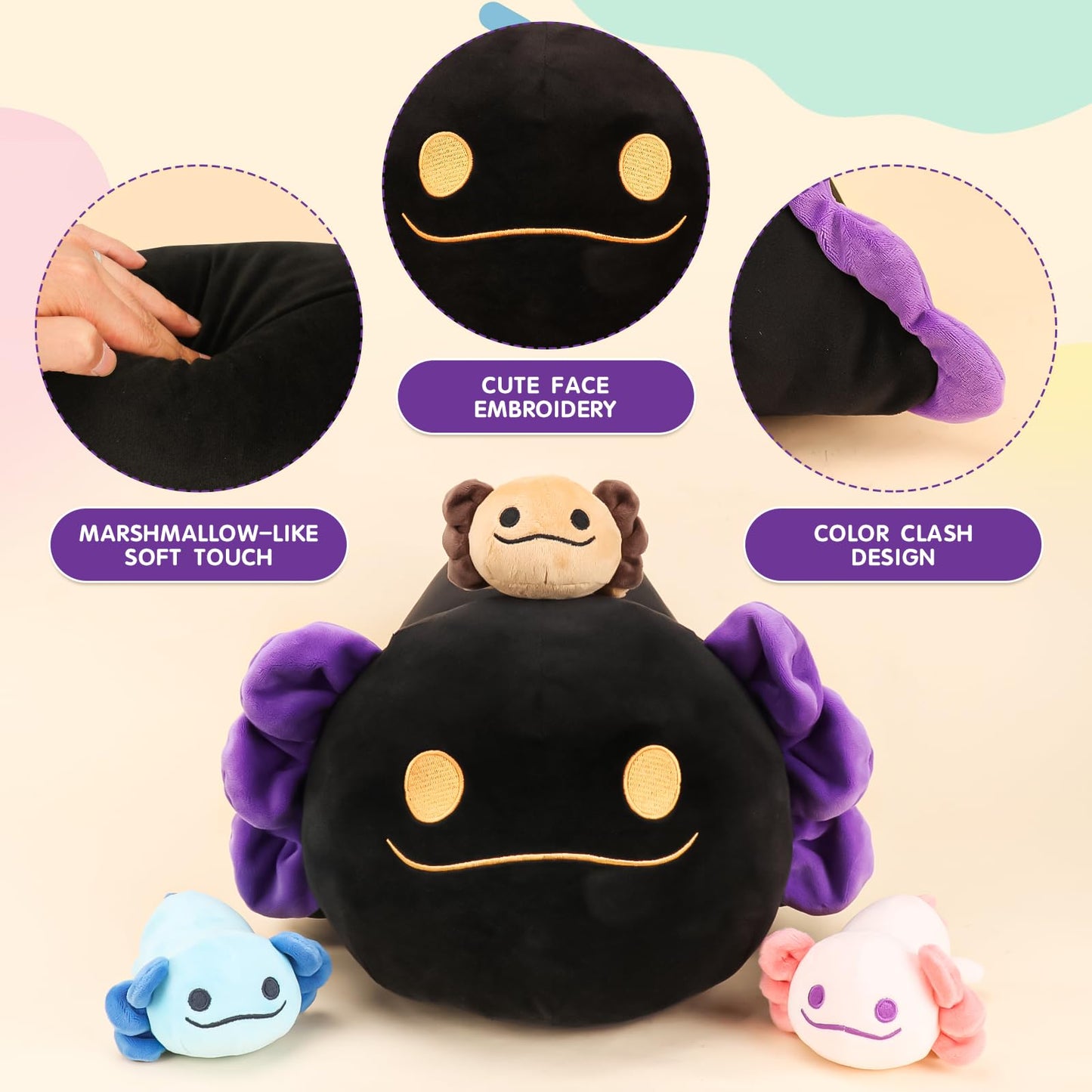Toys For Girls Ages 3 4 5 6 7 8+ Years -16'' Black Axolotl Mommy Stuffed Animal With 3 Baby Axolotl In Her Tummy, Cute Salamande