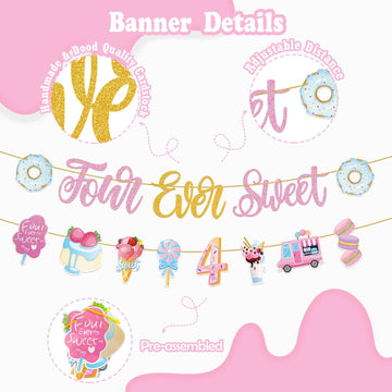 Juyrle Four Ever Sweet Birthday Decorations Girl- Ice Cream Birthday Party Decorations With Donut Banner Ice Cream Cake Toppers 4Th Foil Balloon Arch For 4 Year Old Macaron Birthday Party Supplies