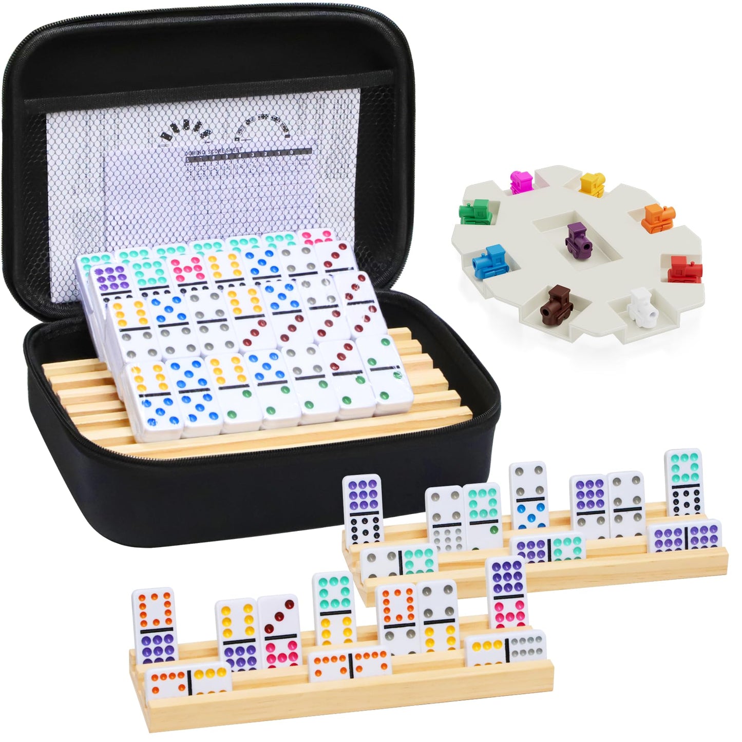 Mexican Train Dominoes Set With 4 Wooden Trays/Racks, Double 12 Dominos Travel Set With 4 Domino Tiles Holders, 91 Tiles Double 12 Colored Dominoes Game Set With Portable Case For Families Kids