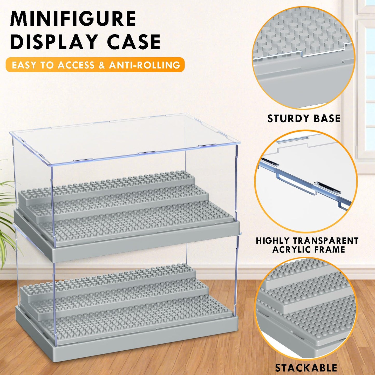 Kku Display Case For Figures, Minifigure Display Case Box Storage 10'' X 6.1'' X 5.4'', Action Figures Blocks For Display With 3