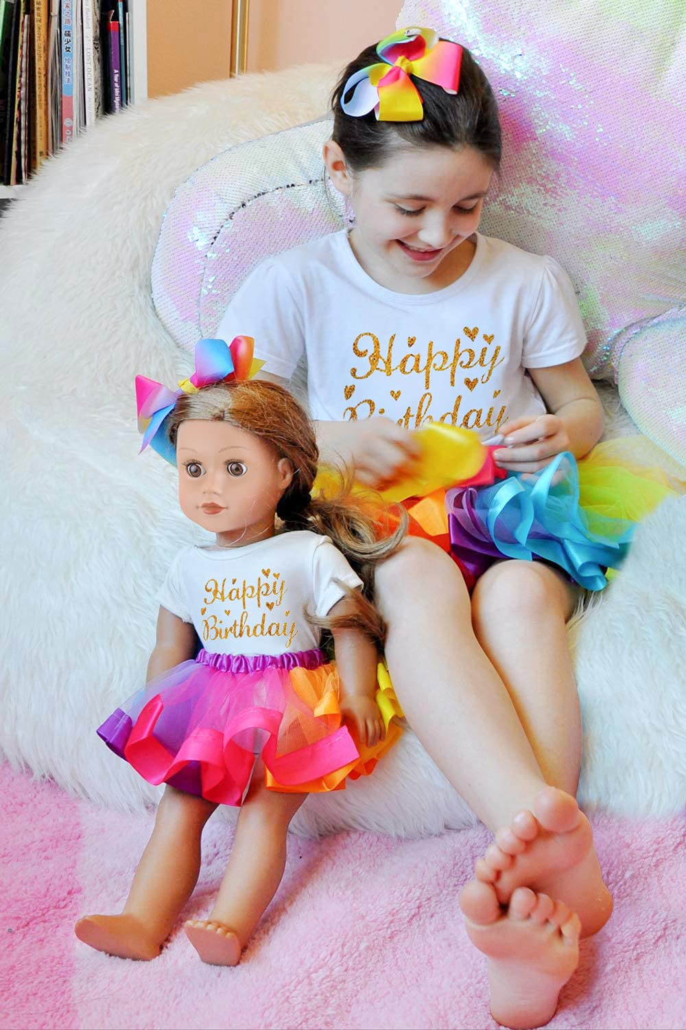 Zita Element Rainbow Clothes And Hair Accessories For American 18 Inch Girl Doll Matching Girls Outfits - 2 Cotton Shirts, 2 Rainbow Tutu Skirts And 2 Bow Hair Clips For Kid Girl Birthday Gift.