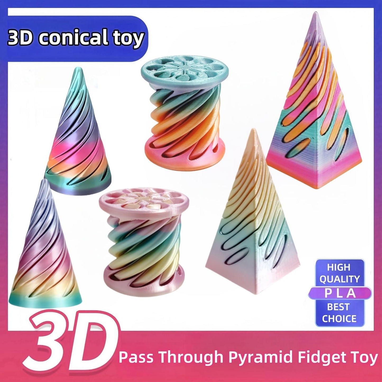 TIMCHESS 6Pcs Impossible Cone, Spiral Cone Fidget Toy, 3D Printed Spiral Cone Toy, Impossible Pyramid Passthrough Sculpture Spir