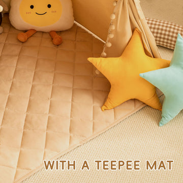 WIRHAO Teepee Tent for Kids with Mat, Cotton Canvas Kids Teepee with Pompom for Toddlers Indoor Play Tent for Girls Boys with St