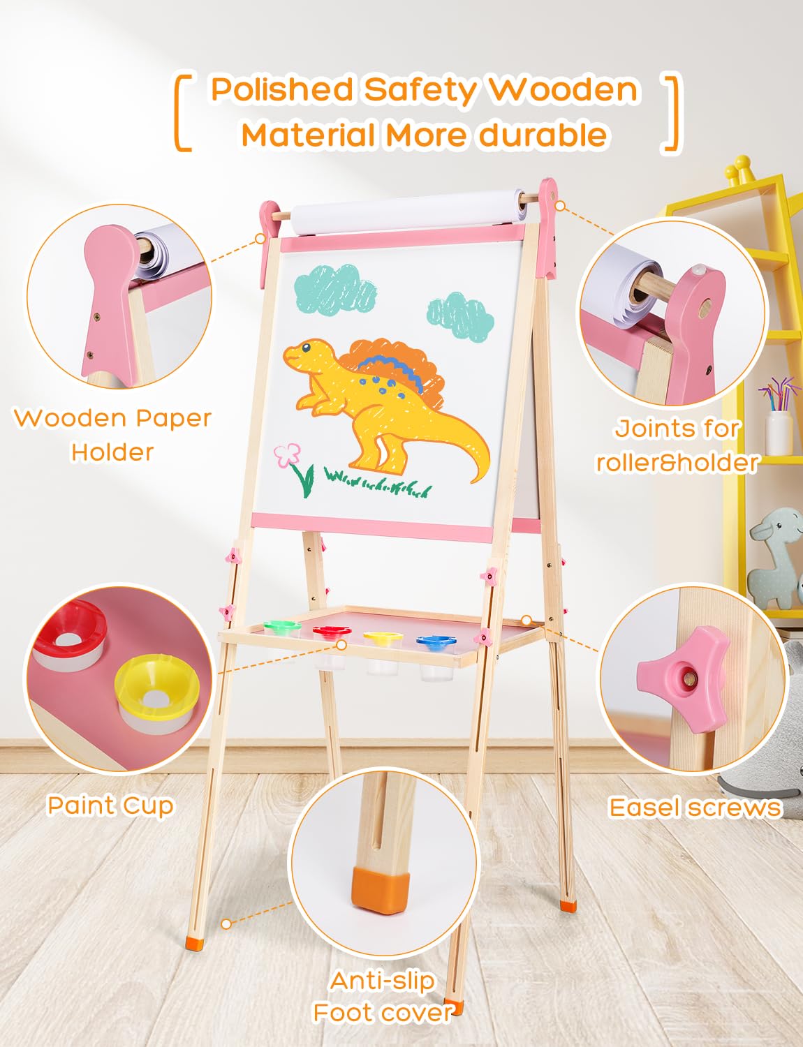 YOHOOLYO Kids Easel Wooden Children Art Easel Paper Roll,Double Sided Magnetic Whiteboard Chalkboard Dry Eraser Adjustable Heigh