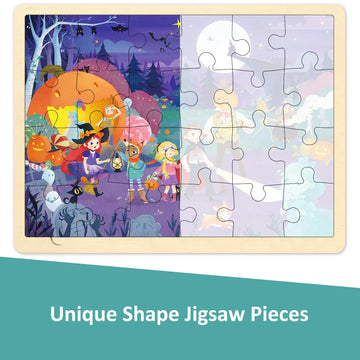 Moinkidz Halloween Puzzle For Kids 3 Year Old, 24 Piece Puzzles For Kids Ages 3-5 Whimsical Halloween Night, Wooden Jigsaw Puzzles For Toddlers, Preschool Puzzles With Puzzle Tray