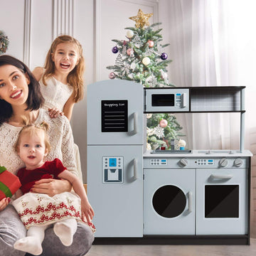 Costzon Kids Kitchen Playset, Wooden Pretend Play Toy Set with Realistic Sound, Microwave, Oven, Washing Machine, Refrigerator,