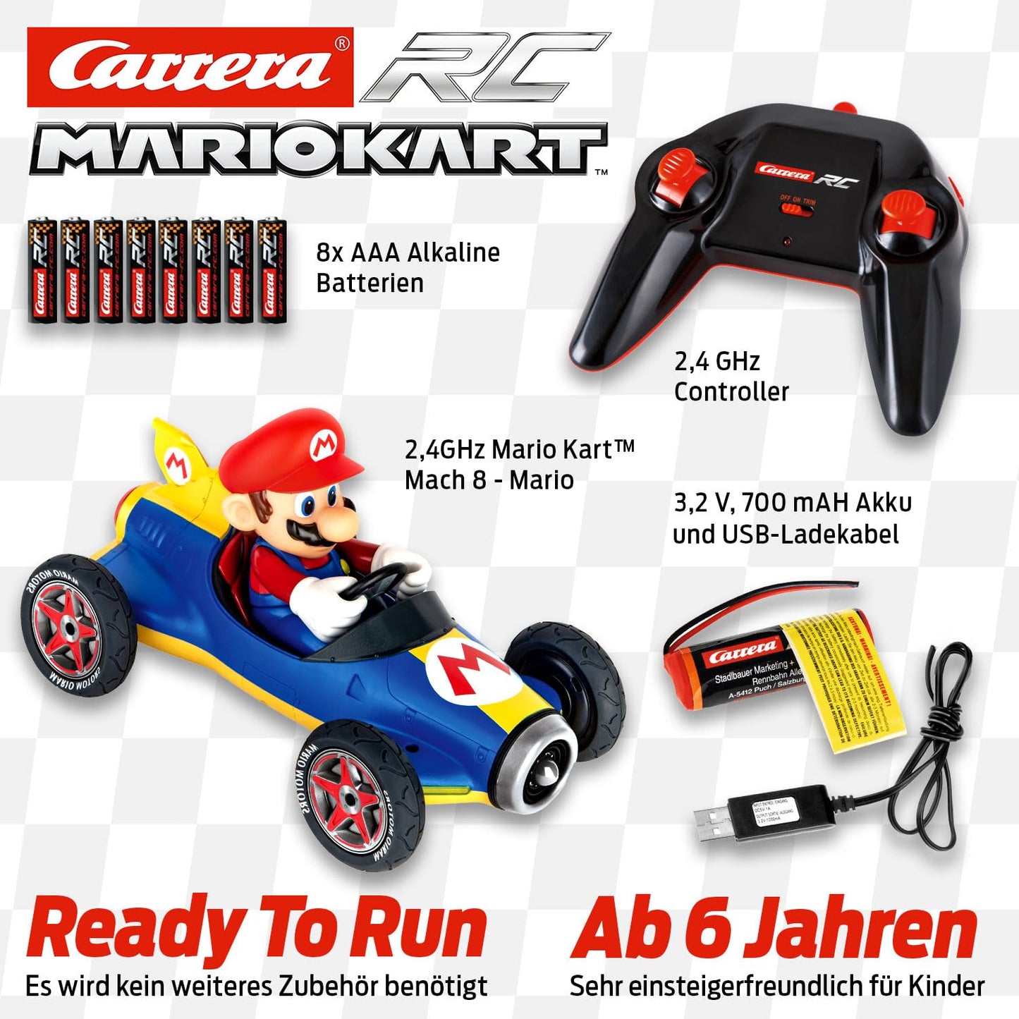 Carrera 181066 RC Official Licensed Kart Mach 8 Mario 1: 18 Scale 2.4 Ghz Remote Radio Control Car with Rechargeable Lifepo4 Bat