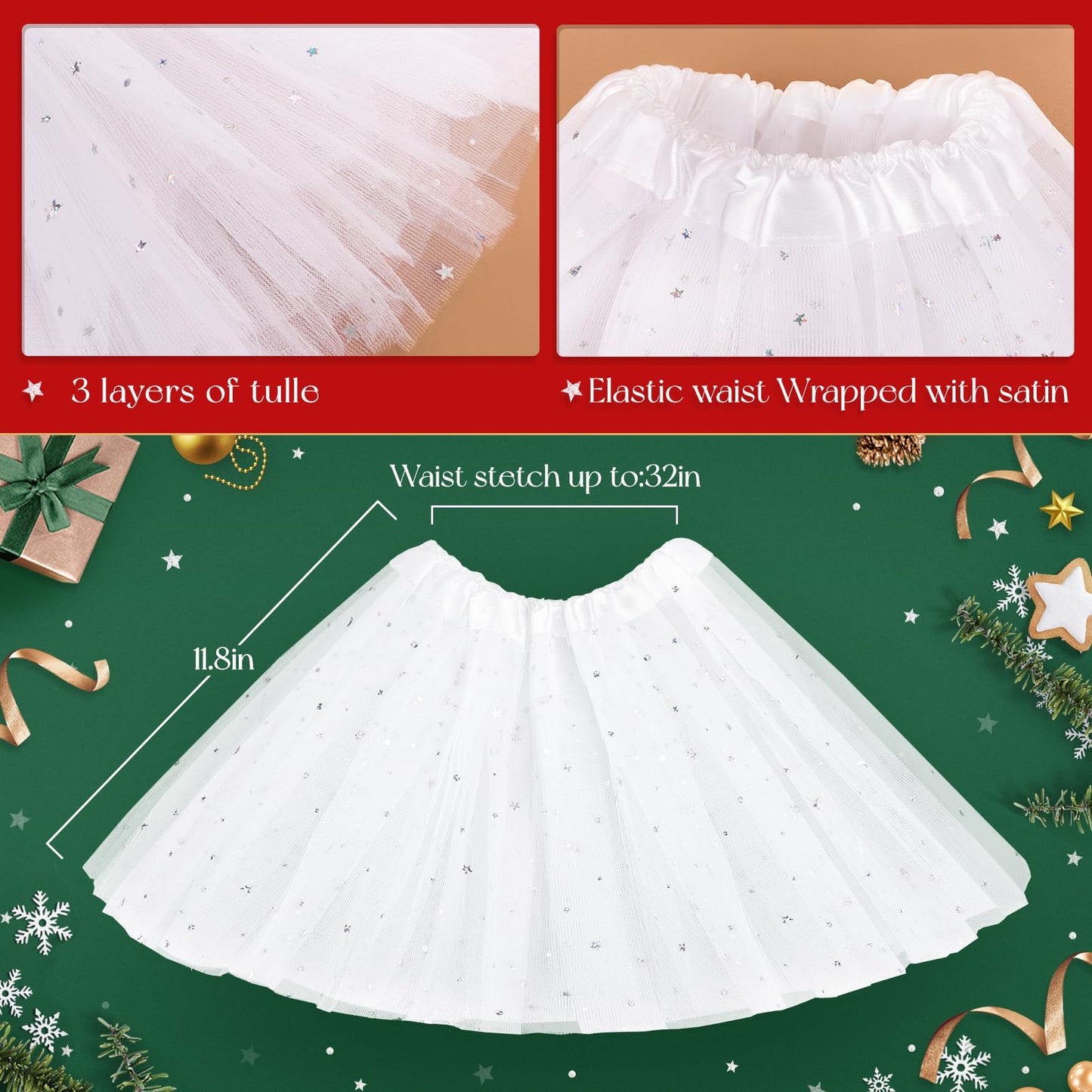 Lainlight Christmas White Tutu For Girls 3 Layered Princess Sparkly Tulle Tutu Skirt Set With Snowflake Headband For Party Dress