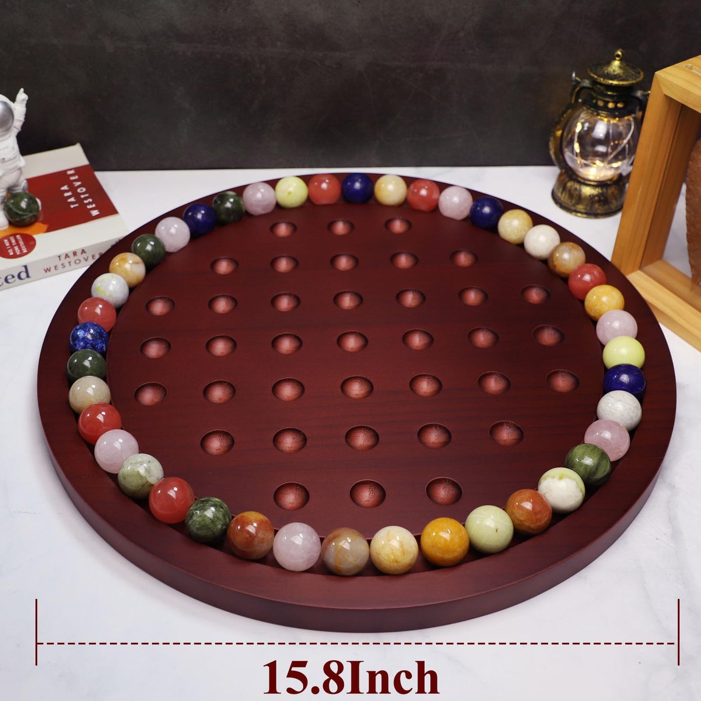 Horow 15.7 Inches Large Marble Solitaire Board Game Wooden Classic Natural Stone Marbles Solitaire Game Set Containing 36 Colore