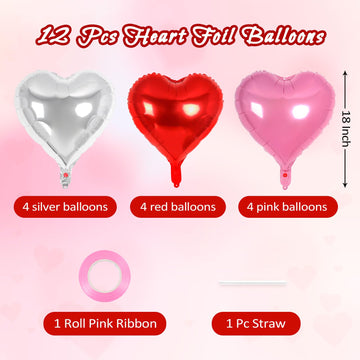 12 Pcs Red Pink And Silver Heart Balloons,18 Inch Heart Foil Balloons Love Balloons Valentine Balloons For Birthday Party Weddin