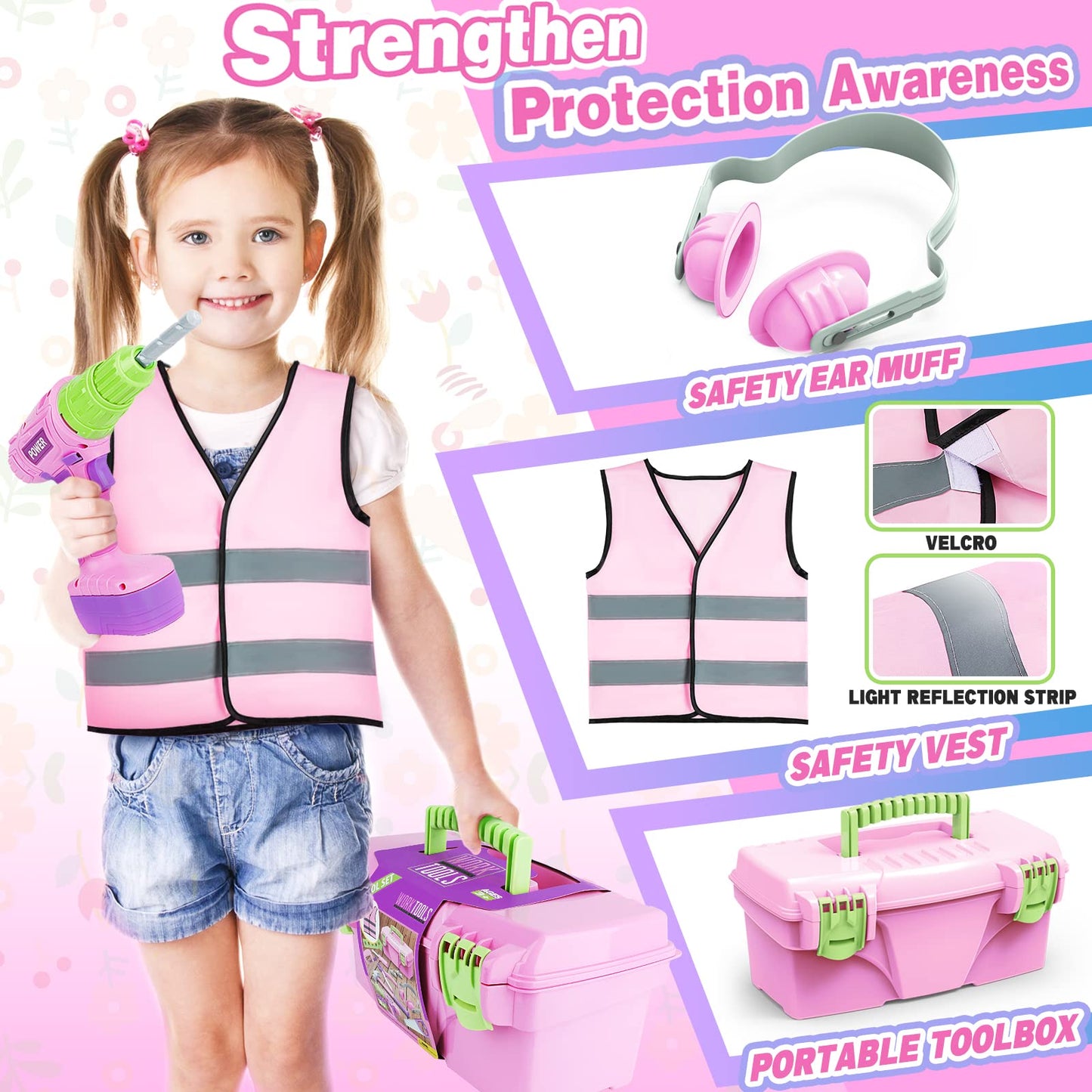 Kids Tool Set with Electric Toy Drill Tool Box for Girls, Pink Toddler Tool Set Kids Power Construction Pretend Play Tools Set T