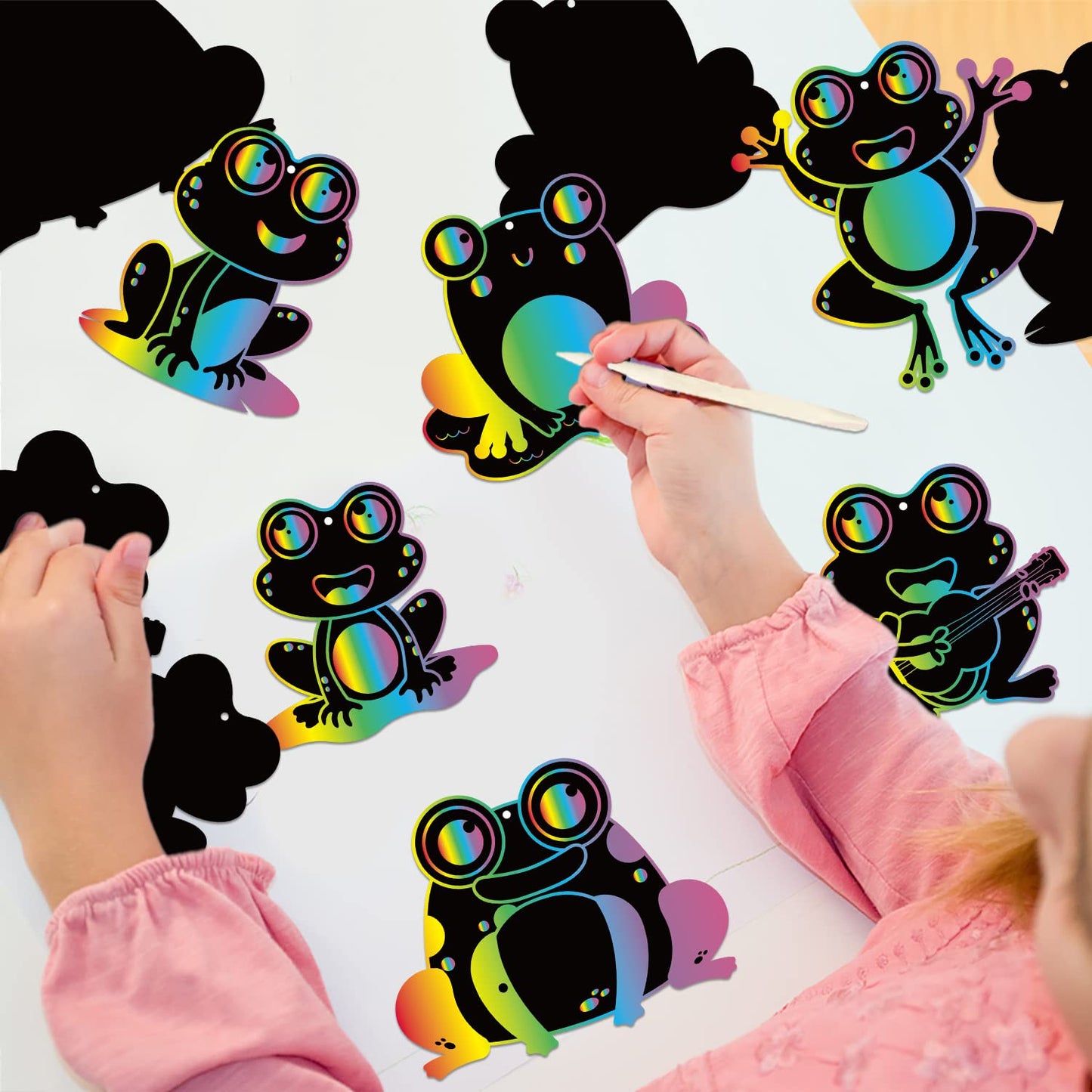 HubirdSall 60Pcs Funky Frogs Scratch Art for Kids Spring Summer Frog Magic Color Craft Passover Hanging Ornaments Kit for School