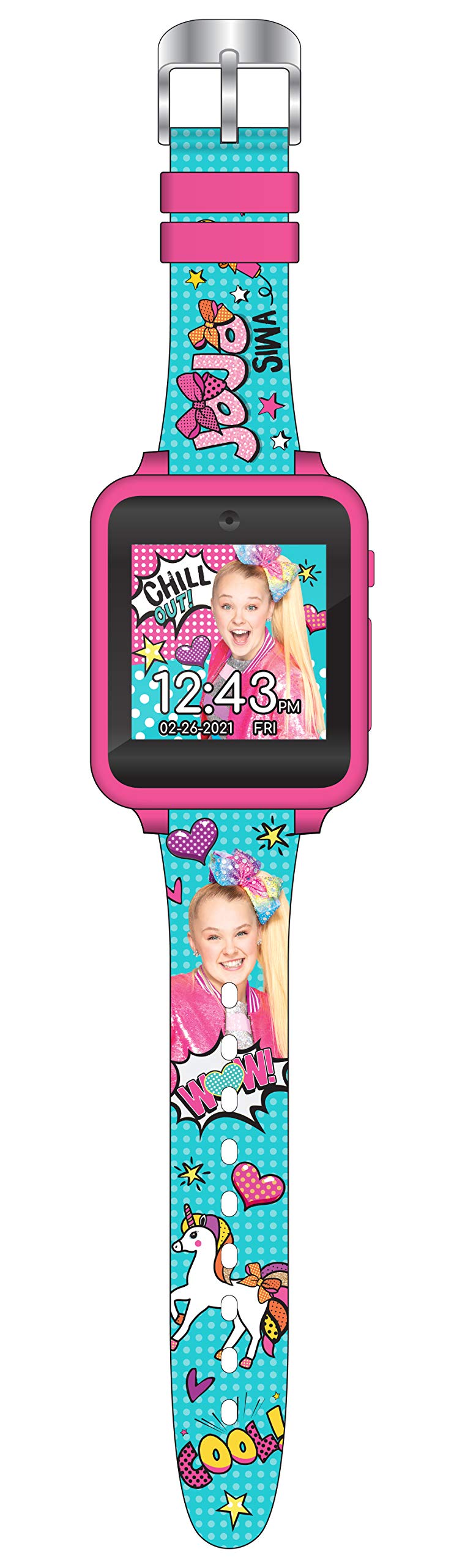 Accutime Jojo Siwa Kids Smartwatch With 10 Watch Faces, Selfie Camera, Voice And Video Recorder, Step Counter, Timer, Stopwatch, Alarm, Fun Games, Calculator, And 3 Wallpapers – Fits Wrists 5.5'-8.0'